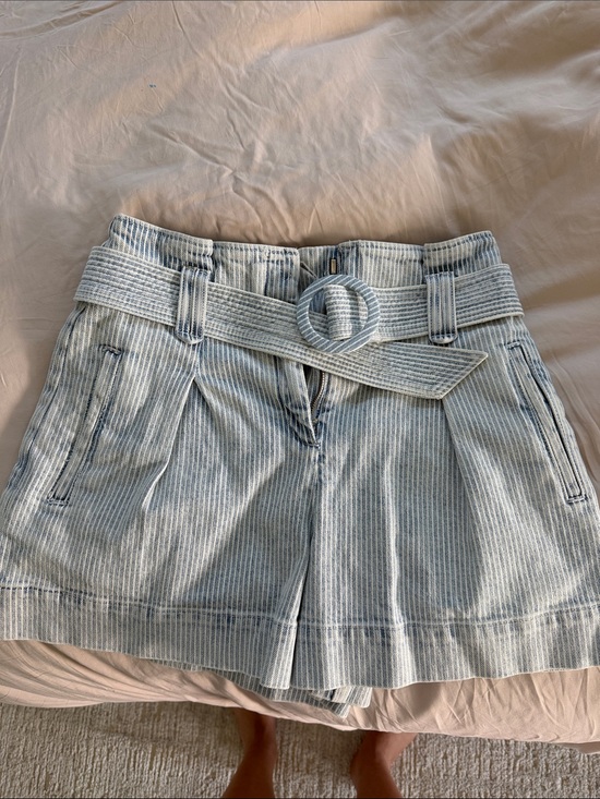 Sezane Pants - Sezane Light Blue Striped Denim Belted Shorts
